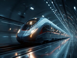Fototapeta premium A sleek, high-speed train glides swiftly through a futuristic tunnel, the illuminated environment creating an atmosphere of technological advancement and modern travel.