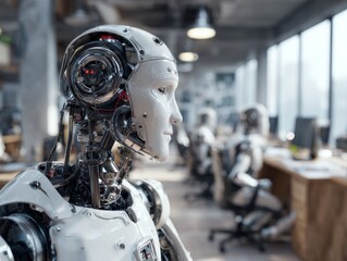 Fototapeta premium A futuristic android with a serene expression gazes thoughtfully within a modern office environment, highlighting advanced technology. 