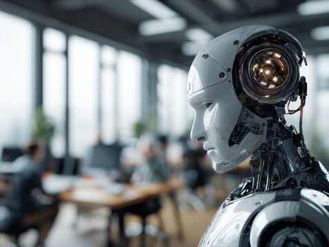 A futuristic humanoid robot stands at the forefront, observing the collaborative work in a modern office, seamlessly blending technology and human interaction.
