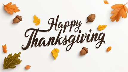 Thanksgiving Greeting: A festive greeting with Happy Thanksgiving elegantly scripted amidst autumnal leaves and acorns. Evoking warmth, gratitude, and the spirit of the season.