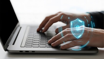 Hands typing on a laptop with a digital security shield overlay
