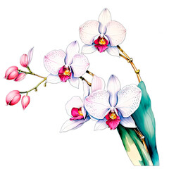 Elegant White and Pink Phalaenopsis Orchid Branch  Watercolor Digital Illustration