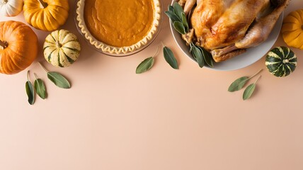 Overhead view of a festive thanksgiving dinner spread with a whole roasted turkey and pumpkin pie