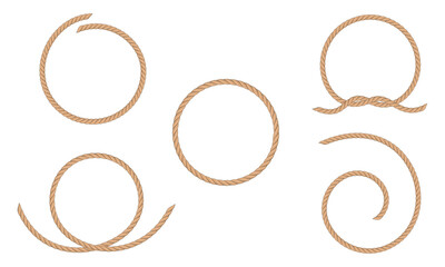 Set of rope frames on white background. Round frames made from marine ropes. Rope borders in nautical style.