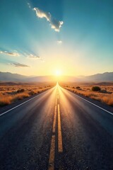 Endless asphalt ribbon vanishing into the hazy distance, sun-drenched landscape stretching towards the far horizon  A feeling of open road and journey ahead ,  horizon,  surface