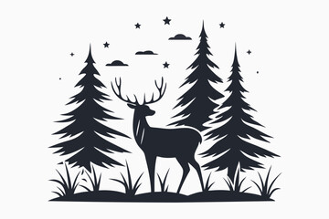 Majestic deer stands elegantly among tall fir trees beneath starry skies, a simple silhouette