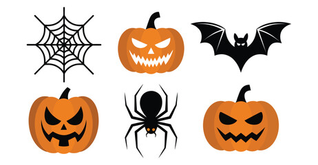 Set of six Halloween illustrations featuring spider web, glowing-eyed spiders, and carved pumpkins with varied spooky expressions and bat icon