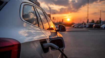 Electric car charging at urban EV station during sunset with a city landscape in the background