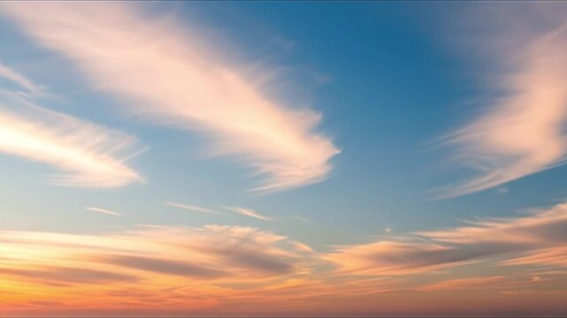 Vast sky with wispy clouds illuminated by warm transitional light displaying hues from blue to orange and pink