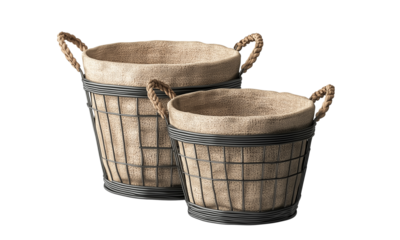 Two rustic metal wire baskets with burlap liners and braided rope handles, ideal for storage and decor.