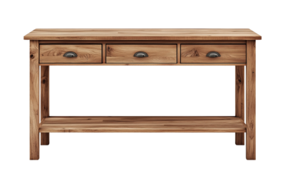 Rustic wooden console table with three drawers, metal handles, and a lower shelf. Natural finish and sturdy legs make it a stylish and practical storage solution.
