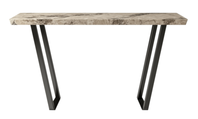 Modern console table with a marble rectangular top and angled black metal legs, featuring a slim minimalist profile suitable for entryways or living rooms