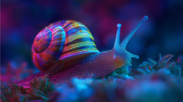 A snail glows under vibrant neon light against a colorful background, blending natural calm with futuristic, surreal visual energy.