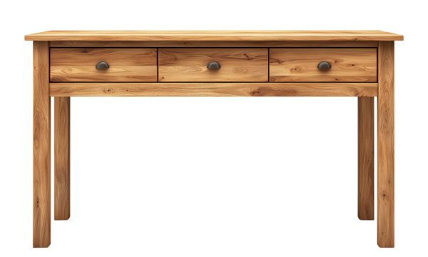 Solid wood console table with three drawers and round metal knobs, showcasing rich grain and clean lines
