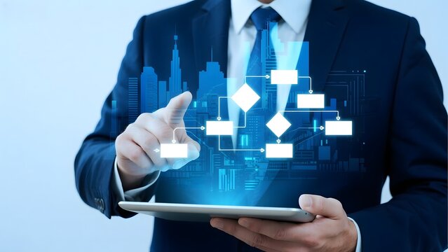 Businessman interacting with a digital tablet displaying a flowchart and cityscape overlay