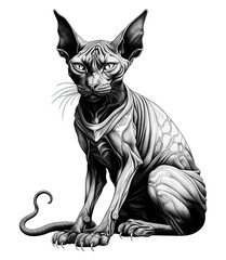 Intricate Black and White Sphynx Cat Line Art Illustration