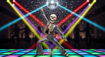 A Glamorous Skeleton Grooves Underneath a Glittering Disco Ball in a Vibrant Dance Club