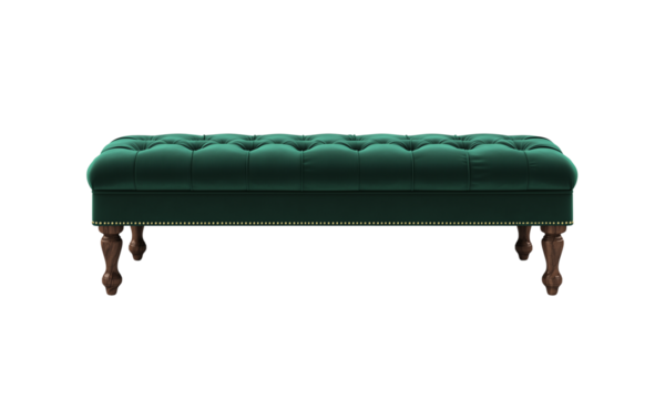 Luxurious emerald tufted upholstered bench with nailhead trim, rectangular seat, and carved wooden legs, ideal for entryway or bedroom seating