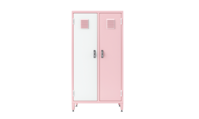 Two-door metal locker with white and pink panels, vented tops, and locking handles
