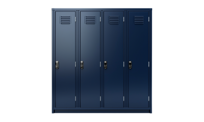 Four dark blue metal lockers with vents and built-in combination locks