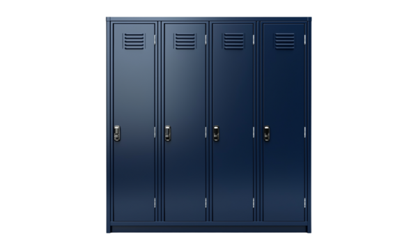 Four dark blue metal lockers with vents and built-in combination locks