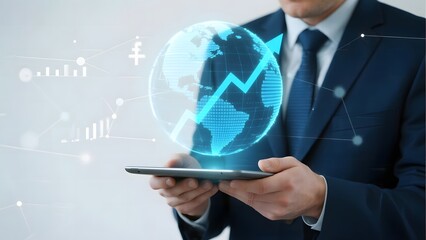 Businessman holding a tablet with a holographic globe and financial data projections