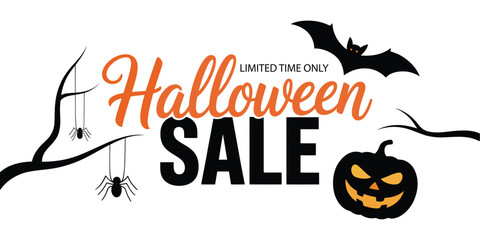 Halloween sale promotional graphic with flying bat, carved pumpkin, spiders, and festive text, ideal for seasonal marketing and design
