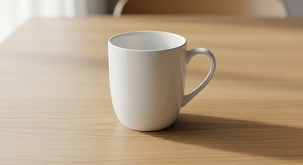 Fototapeta premium Empty White Ceramic Coffee Cup on Wooden Table Minimalist Lifestyle Still Life Photography