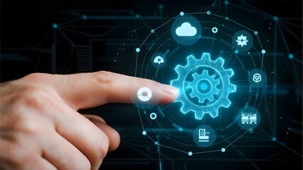 Hand interacting with a digital interface featuring a glowing gear and cloud icons, symbolizing technology and automation.