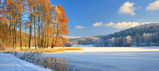 Stunning winter landscape featuring vibrant ice patterns on a frozen lake s surface