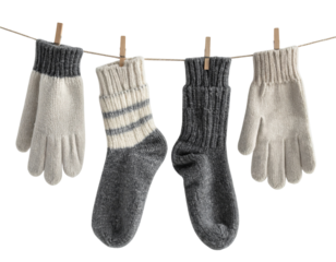 Hanging Winter Socks and Gloves on Invisible Line, Angled Side View, Isolated
