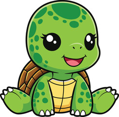 Adorable Baby Cartoon Turtle with Big Eyes and Brown Shell Sitting Happily – Cute Vector Illustration for Kids Designs and Prints