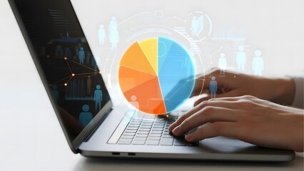Hands typing on a laptop with a pie chart and data visualization overlay