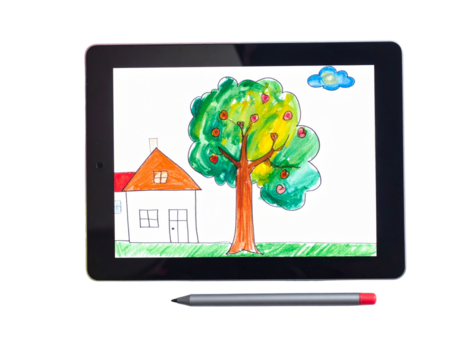  Top-Down View of Digital Tablet with Kids’ Sketch on Screen, Isolated