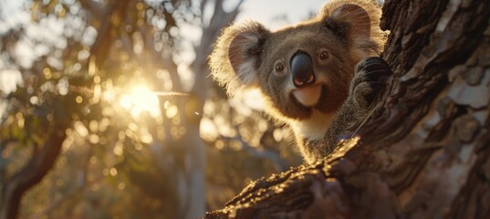 Obraz premium Relaxing koala nestled comfortably among eucalyptus leaves in a serene natural setting