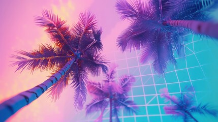 Vaporwave palm trees against a grid background in vibrant neon colors