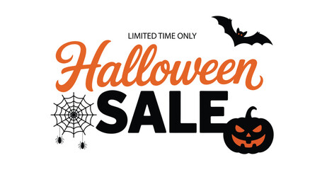 Halloween sale promotional graphic with flying bat, spider web, carved pumpkin, and festive text, ideal for seasonal marketing designs