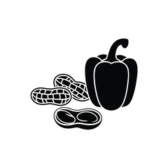 Black and white silhouette of a bell pepper and peanuts