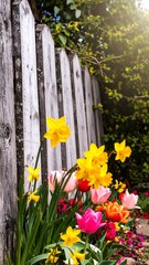 Spring blooms by a weathered fence