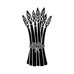 Black and white illustration of a bunch of fresh asparagus tied with a ribbon
