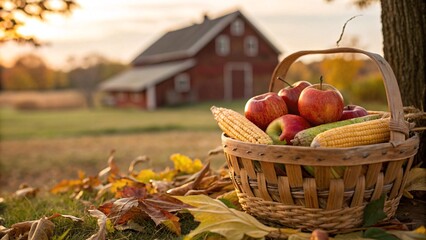 Harvest basket with apples and corn, crisp in foreground