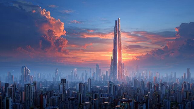Futuristic city skyline with towering skyscraper sunset glowing warm light and data flow symbolizing monopoly urban development