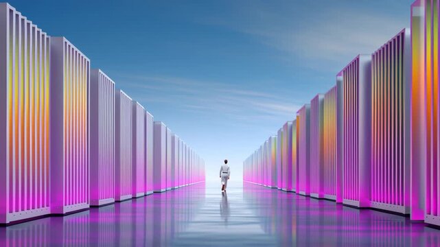 Data center corridor with colorful glowing server racks showcasing advanced technology and data monopoly in futuristic environment