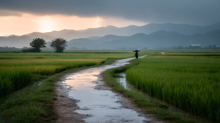 rainy season Thai paddy road scene farmer walking