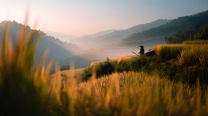 golden autumn rice field in a misty Thai valley at gold