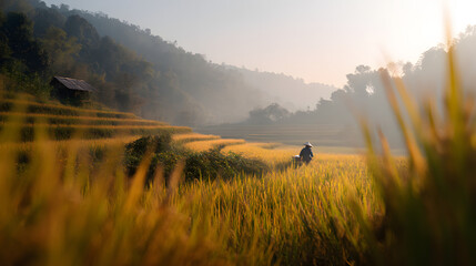 golden autumn rice field in a misty Thai valley at gold