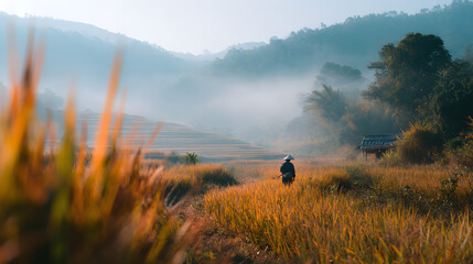 golden autumn rice field in a misty Thai valley at gold