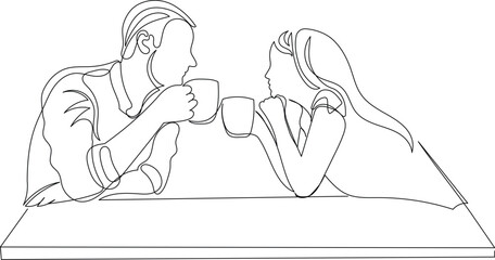 Couple Relationship and Coffee Time. One Line Love Illustration