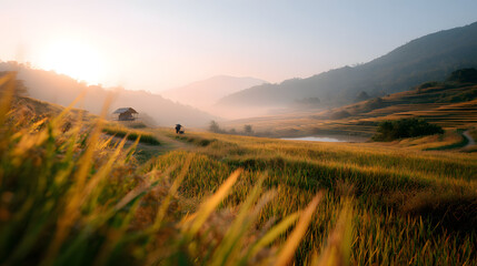 golden autumn rice field in a misty Thai valley at gold
