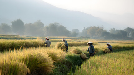 family harvesting rice together in a Chiang Mai valley